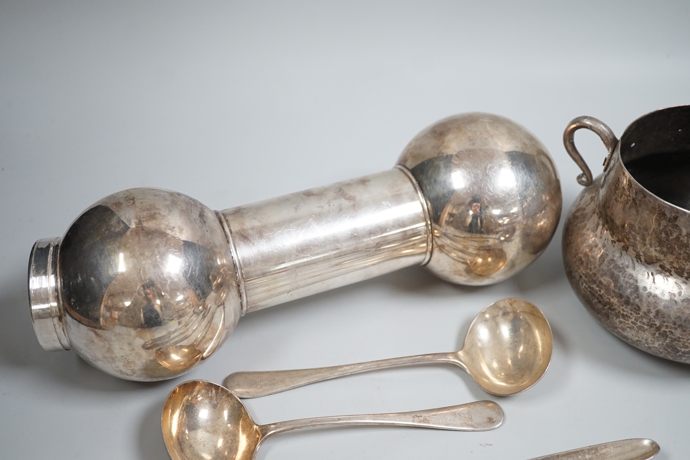 Mixed silver and plated ware including a Victorian silver Kings pattern soup ladle, London, 1857, a George III silver marrow scoop, London, 1789, a pair of later Old English pattern sauce ladles, a sterling bonbon dish,